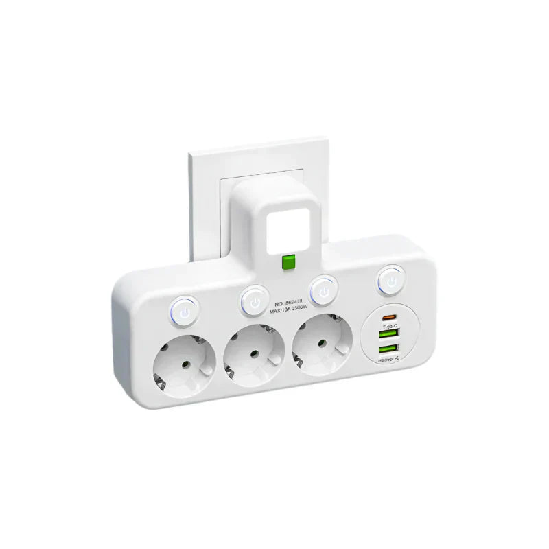 Mehrfachsteckdose VOLTRIQ ProLine | 3–4 Steckplätze + 2× USB & 1× Typ-C | 2500 W | Überspannungsschutz & Kontrollschalter