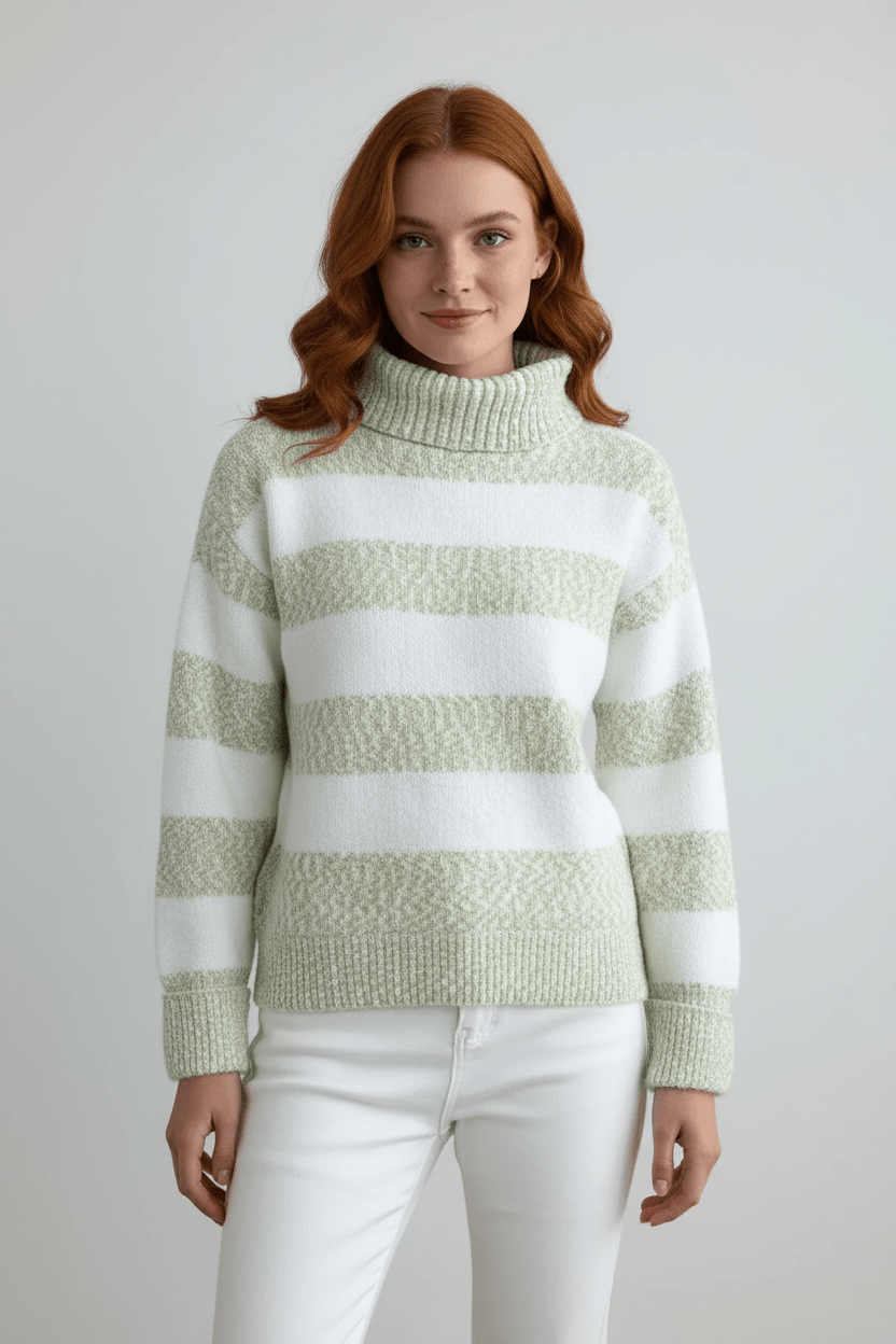 Damen Plüsch Strickpullover mit geripptem Rollkragen und gestreifter Textur