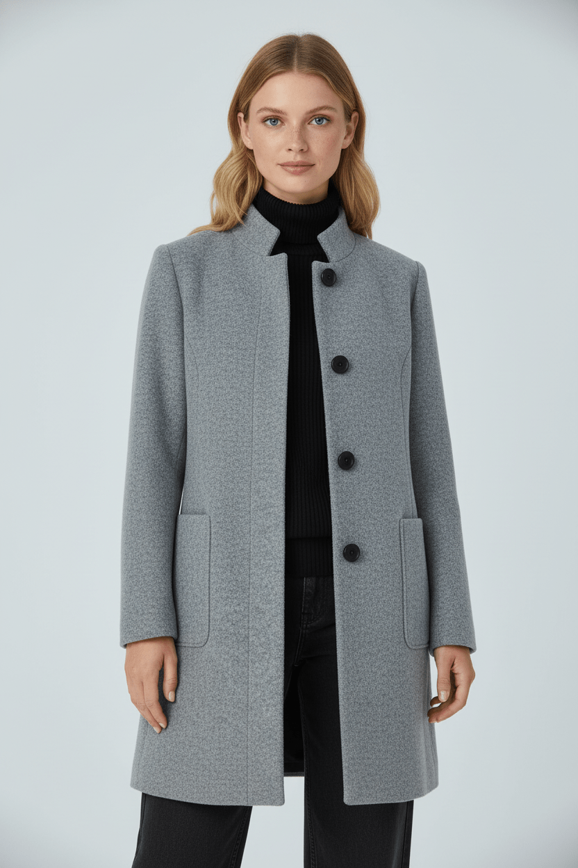 Damen Langer Mantel | Stehkragenjacke mit taillierter Passform und Knopfleiste