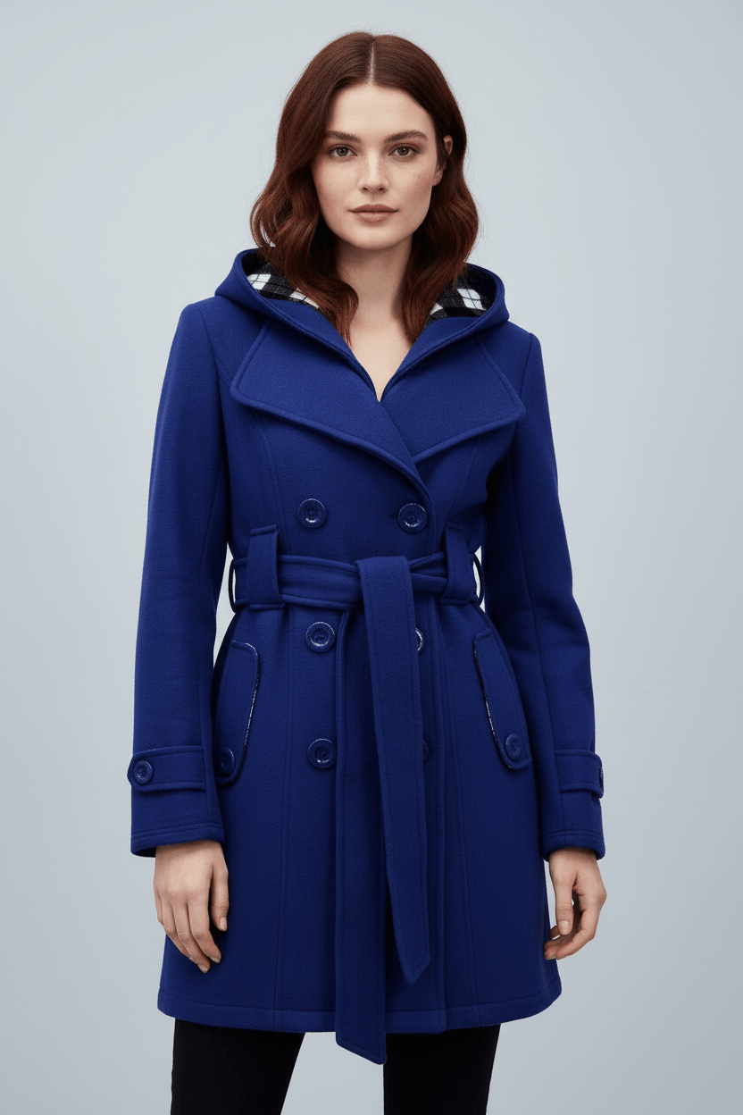 Damen Doppeltknopf-Hoodie-Mantel mit Gürtelschnitt