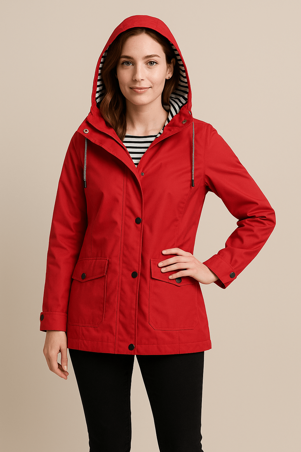 Damen Mid-Length Regenmantel mit verstellbarer Kapuze