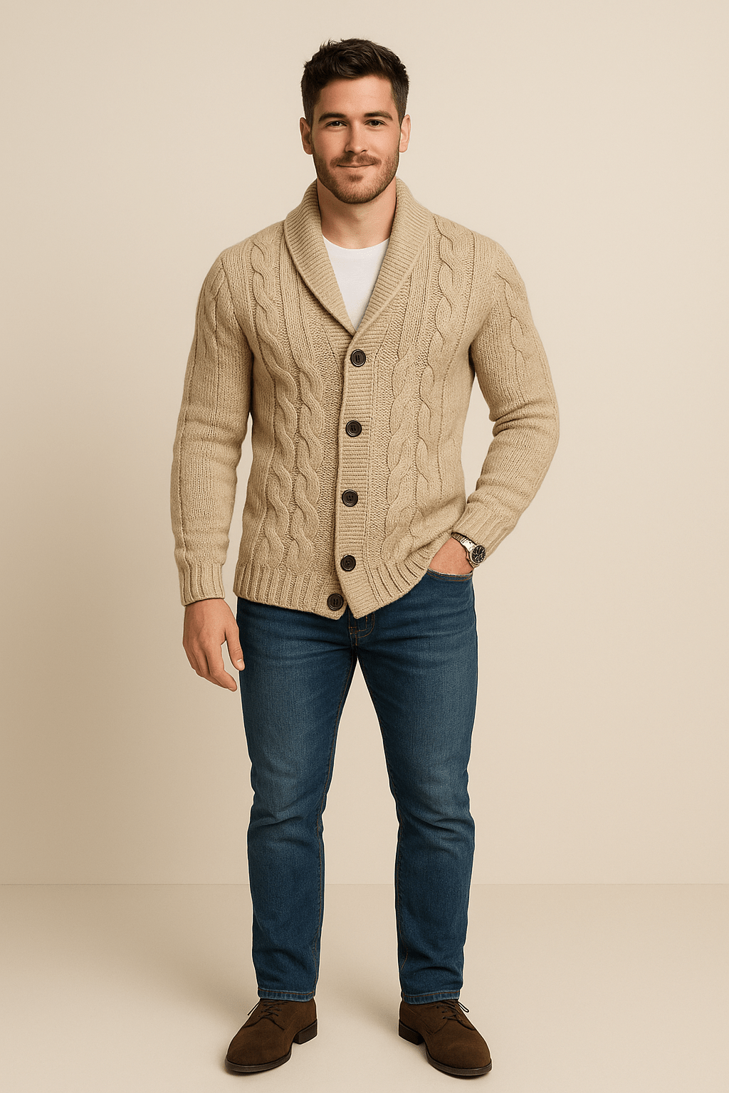 Herren Kabelstrick Cardigan – Knopfverschluss mit Schalkragen