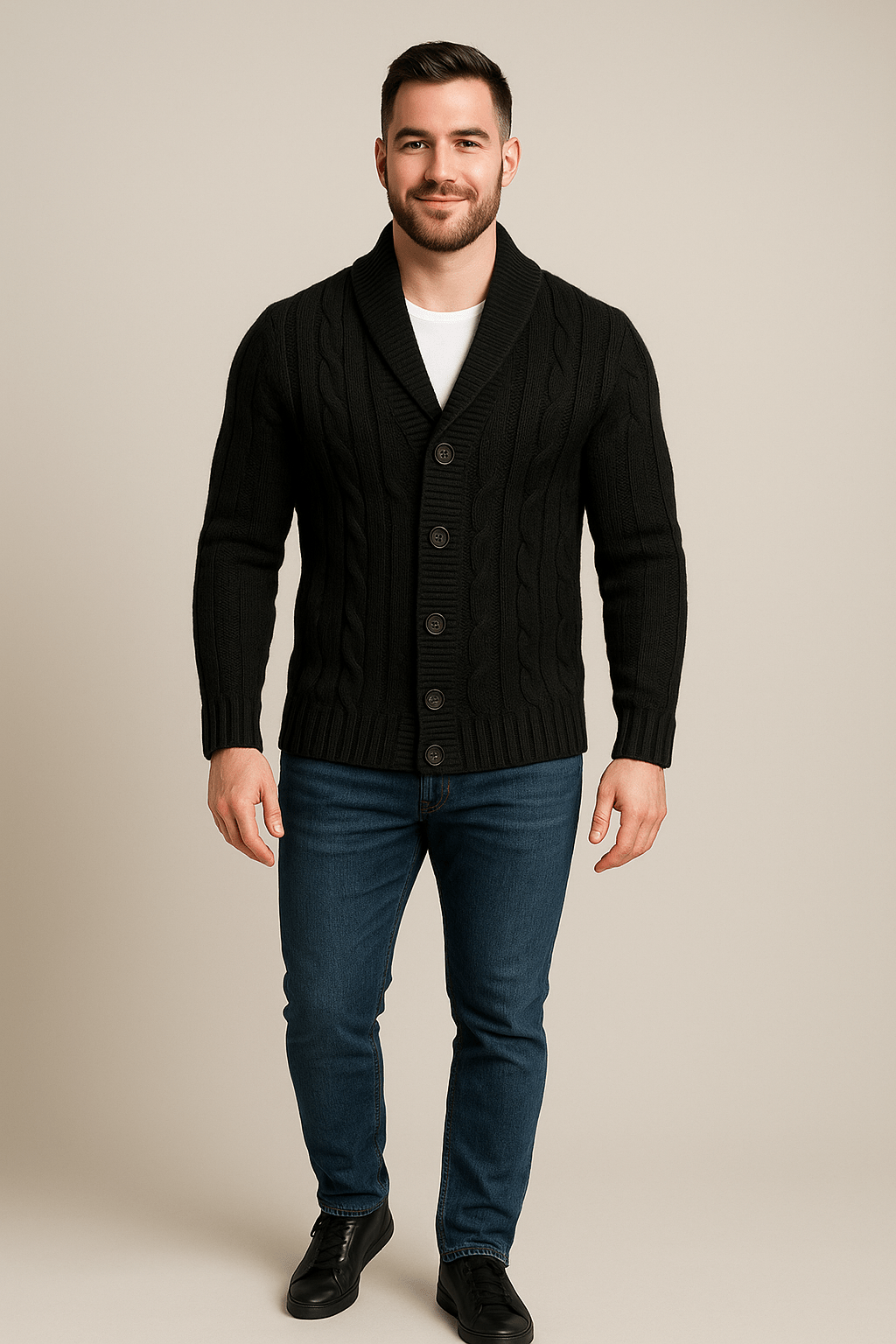 Herren Kabelstrick Cardigan – Knopfverschluss mit Schalkragen