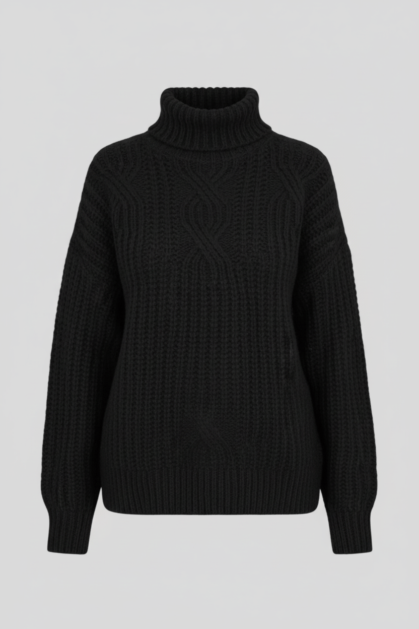 Damen-Kabelstrick-Pullover mit hohem Kragen