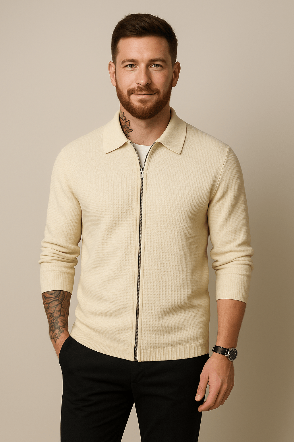 Herren Zip-Cardigan – Waffelstrick-Schicht mit modernem Schnitt