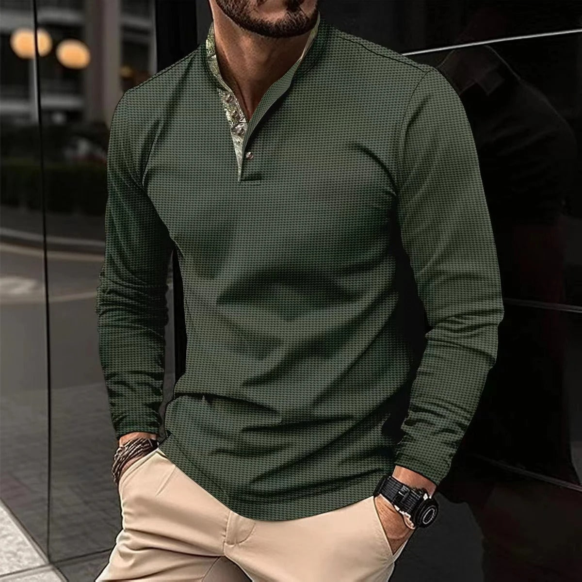 Herren Langarm-Polohemd | Modernes Polo mit Kontrastkragen