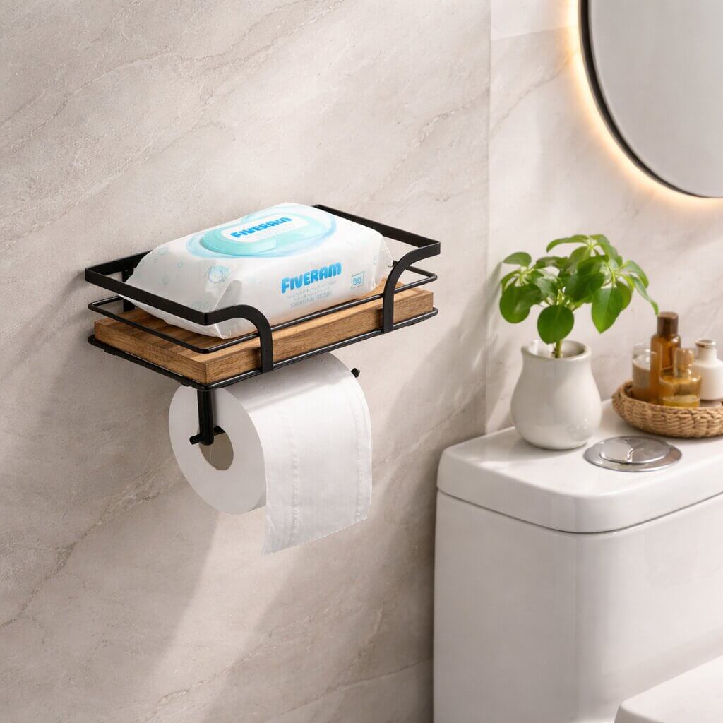 Wandregal mit Toilettenpapierhalter für Badezimmer & WC | Badezimmerregal aus Metall & Holz | Nordvero