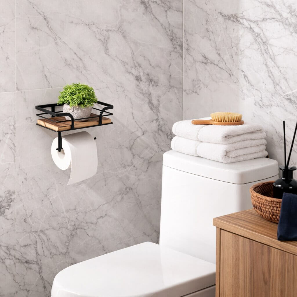 Wandregal mit Toilettenpapierhalter für Badezimmer & WC | Badezimmerregal aus Metall & Holz | Nordvero