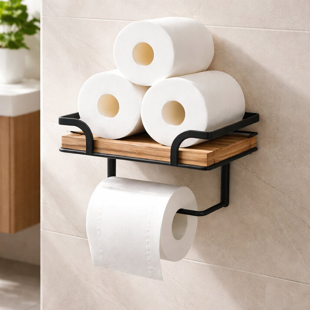 Wandregal mit Toilettenpapierhalter für Badezimmer & WC | Badezimmerregal aus Metall & Holz | Nordvero