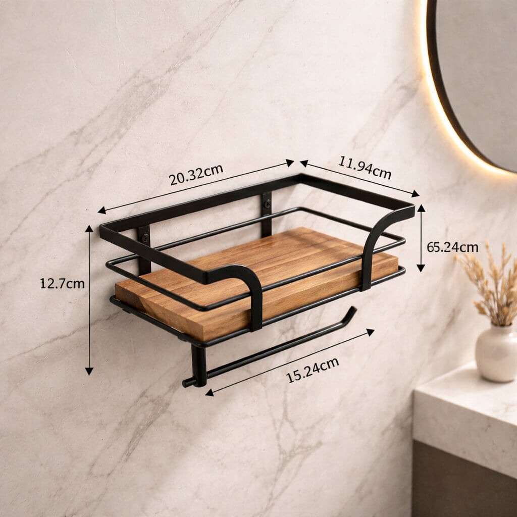 Wandregal mit Toilettenpapierhalter für Badezimmer & WC | Badezimmerregal aus Metall & Holz | Nordvero