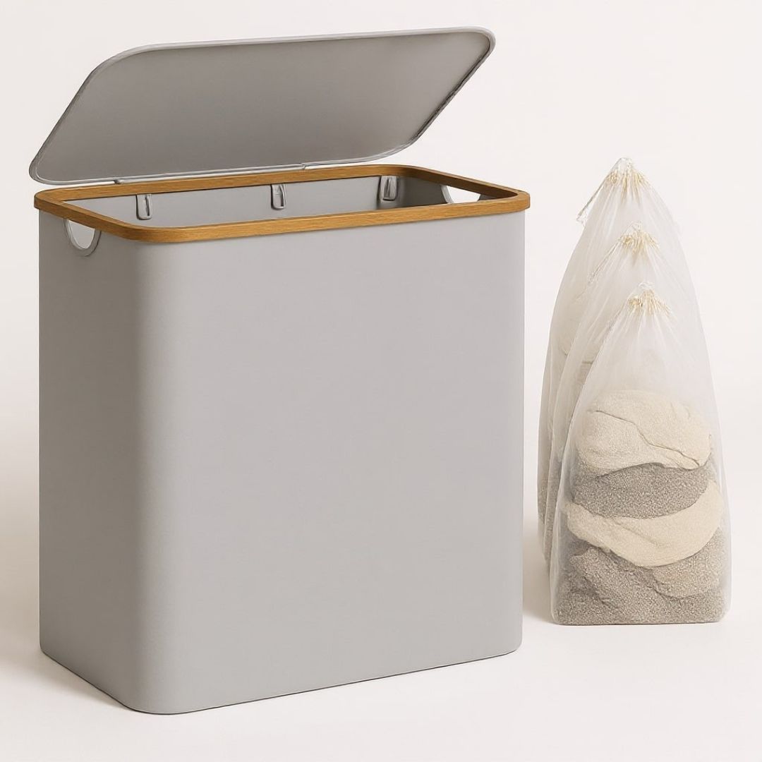 Wäschekorb mit Deckel | Wäsche Sammler mit 3 Fächern in Schwarz, Beige & Grau | LaundryBox