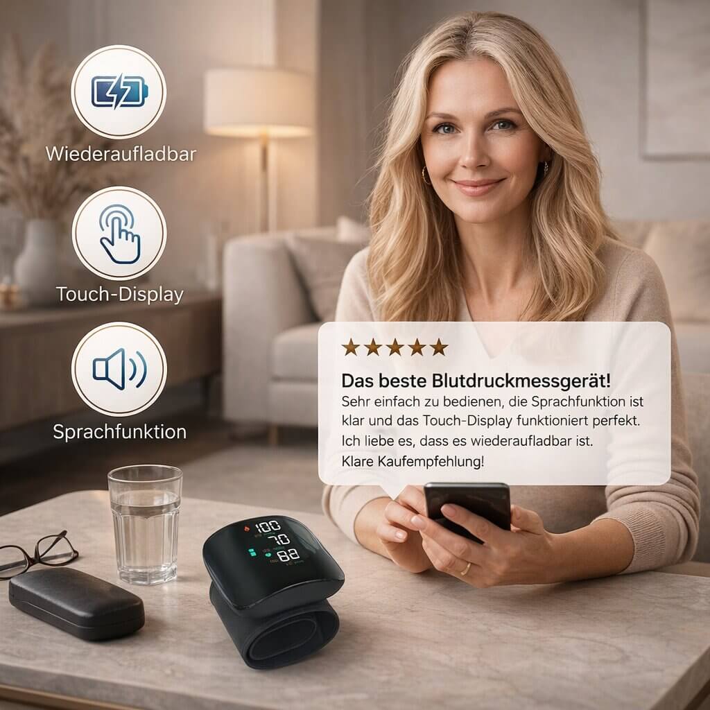 Handgelenk-Blutdruckmessgerät | Digitales Blutdruckmessgerät | Wiederaufladbar mit Touch-Funktion | Tensavio
