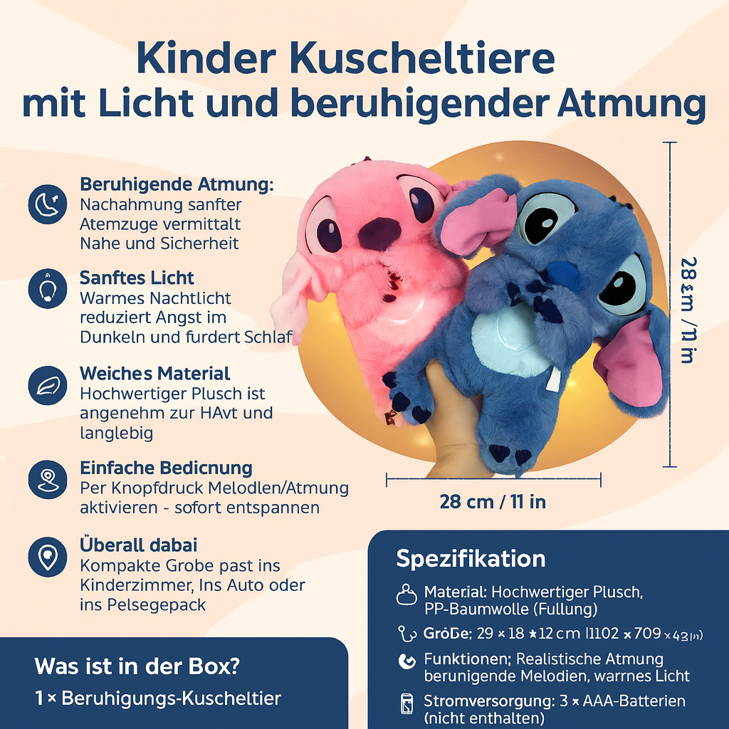 Kinderplüschtiere mit Licht und beruhigender Atmung