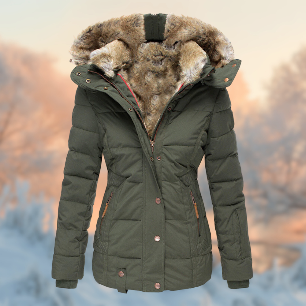 Damen warmer Wintermantel mit Kapuze und schmeichelhaftem Schnitt