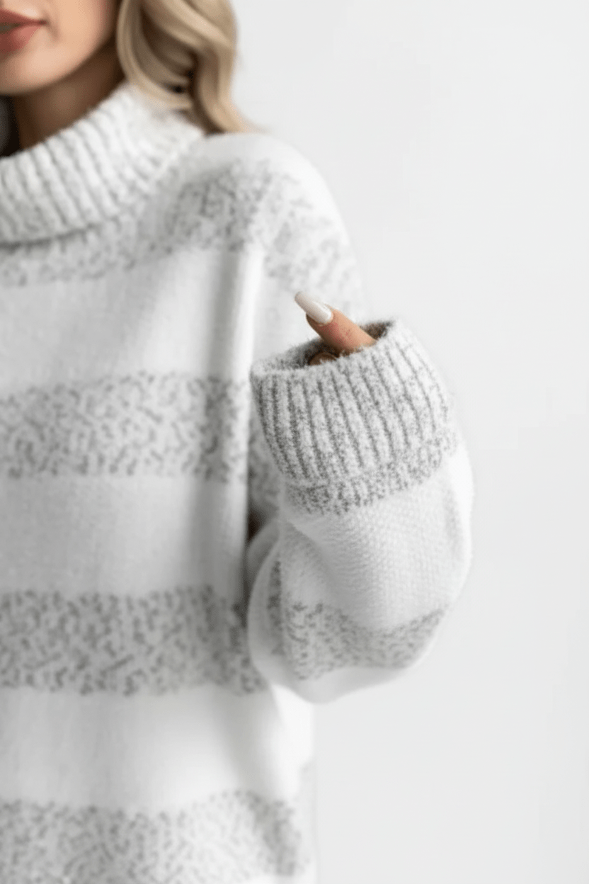 Damen Plüsch Strickpullover mit geripptem Rollkragen und gestreifter Textur