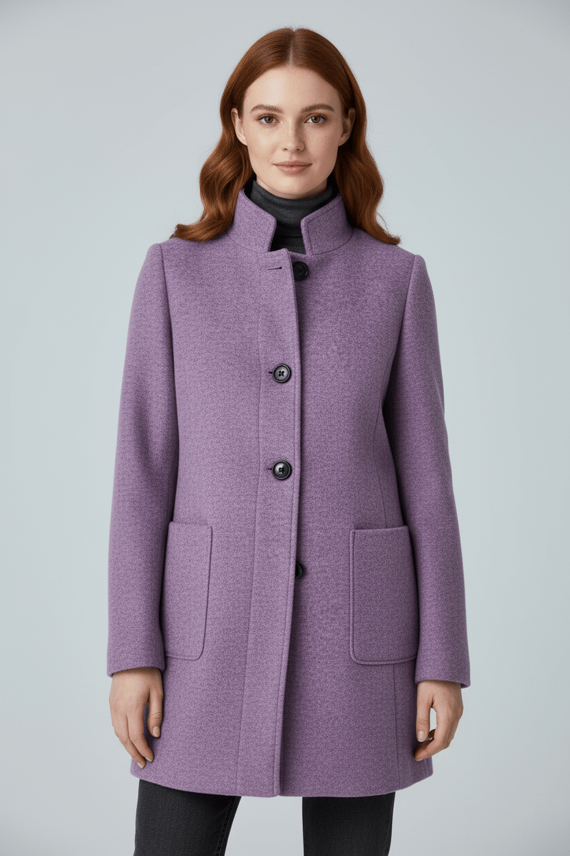 Damen Langer Mantel | Stehkragenjacke mit taillierter Passform und Knopfleiste
