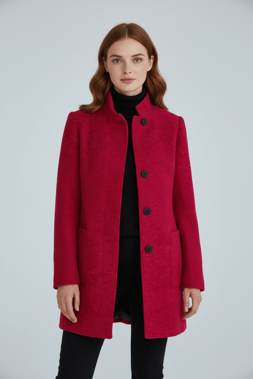 Damen Langer Mantel | Stehkragenjacke mit taillierter Passform und Knopfleiste