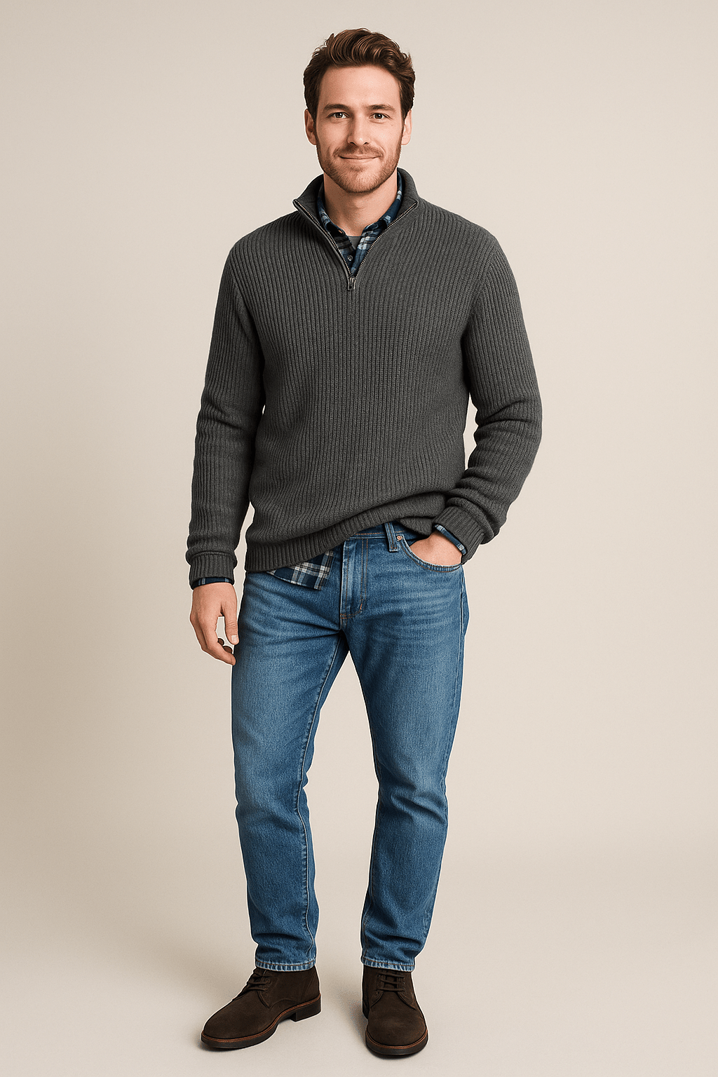Herren-Half-Zip-Pullover – Gerippter Strickpullover mit hohem Kragen