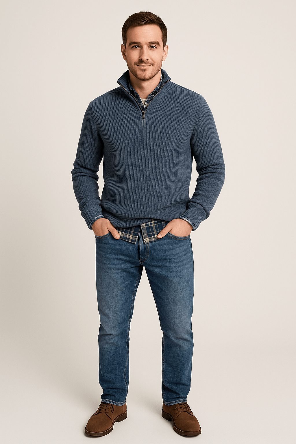 Herren-Half-Zip-Pullover – Gerippter Strickpullover mit hohem Kragen