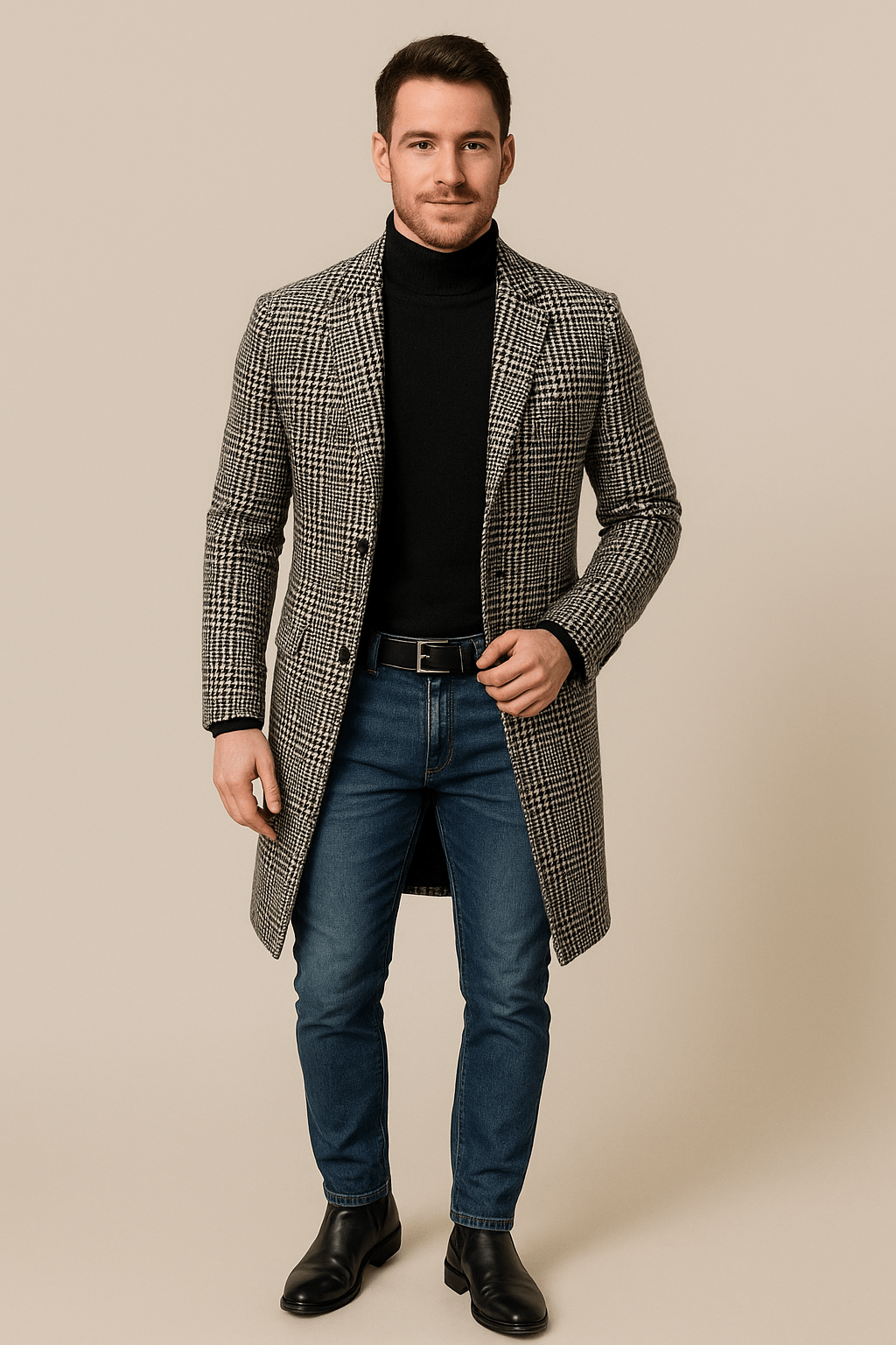 Herren Trenchcoat aus Wollmischung mit Karomuster und Revers