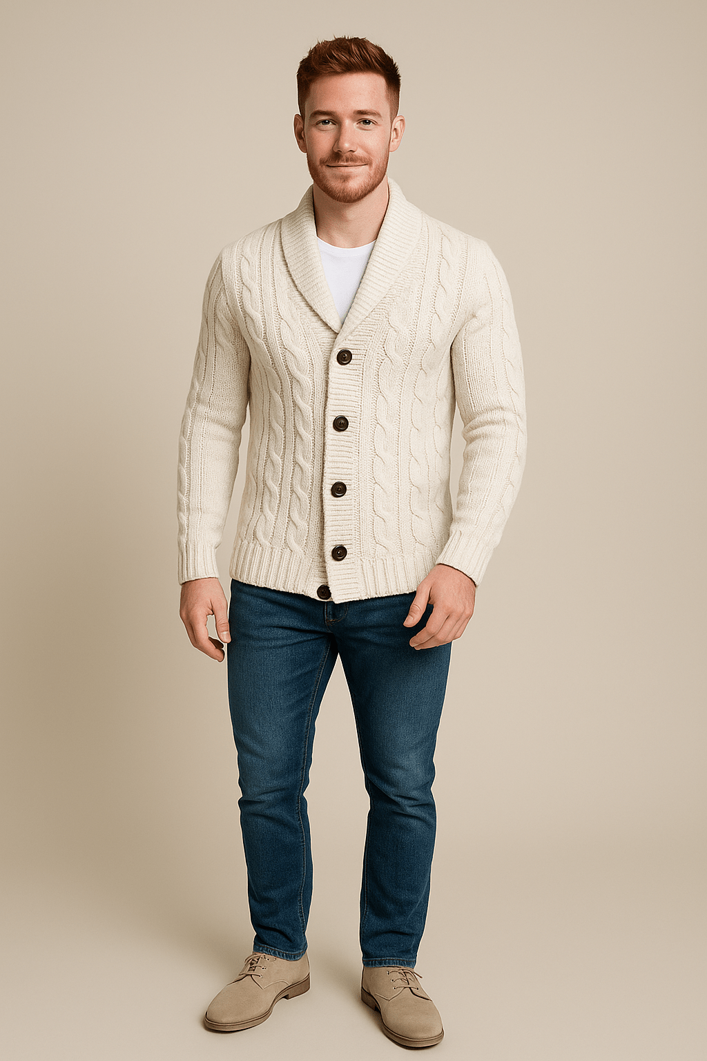 Herren Kabelstrick Cardigan – Knopfverschluss mit Schalkragen