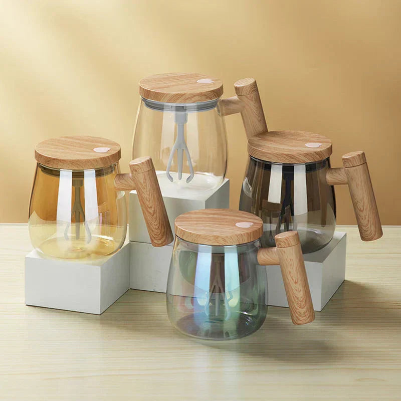 Automatische Kaffeetasse | Selbstumrührende Teetasse mit Holzgriff | RuhrTasse
