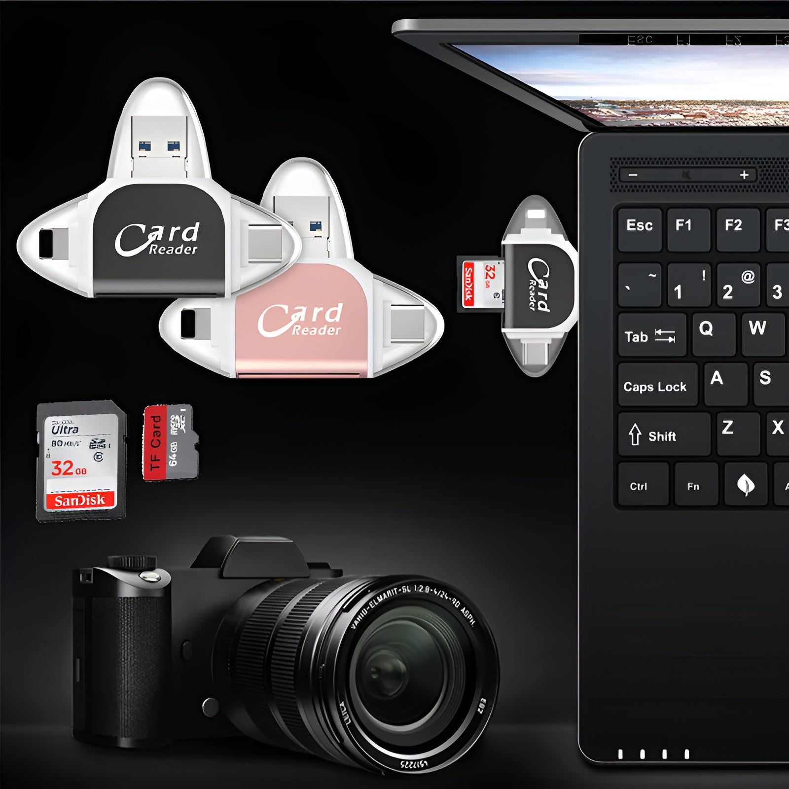 SD-Kartenleser mit USB A, USB C, Micro USB & Lightning | Kartenleser für iPhone, Android & Laptop | SD-Kartenadapter | FlexiLink